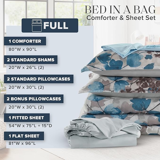 Madison Park Full Comforter Set with Sheets, Floral Bed in A Bag Soft Microfiber Comforter for Full Size Bed, All Season Lightweight Comforters Full Bed Set, Alexis, 9 Piece Blue