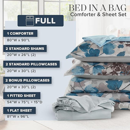 Madison Park Full Comforter Set with Sheets, Floral Bed in A Bag Soft Microfiber Comforter for Full Size Bed, All Season Lightweight Comforters Full Bed Set, Alexis, 9 Piece Blue
