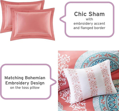 Intelligent Design Complete Bed In A Bag Casual Boho Comforter with Sheet Set Decorative Pillow, All Season Bedding Set, Twin XL, Loretta Coral 7 Piece