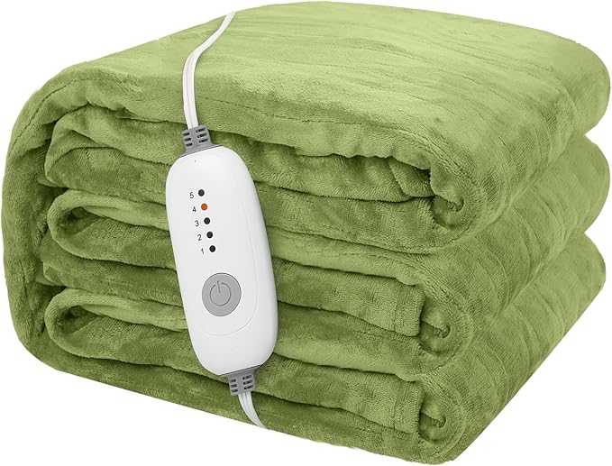 Electric Heated Blanket 72"x84" Full Size Flannel Heated Blanket, Cozy & Warm for All Night, 5 Heat Settings & 10 Hours Auto Off, Machine Washable, Light Grass Green