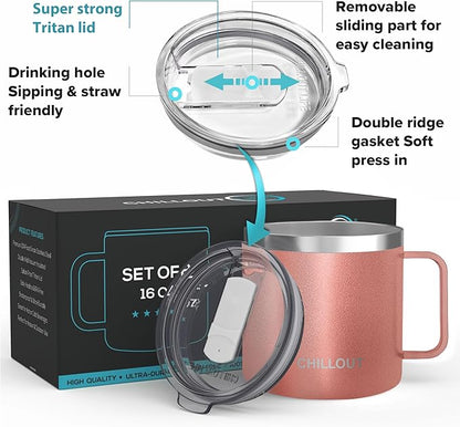 CHILLOUT LIFE Stainless Steel 16 oz (Set of 2) - Vacuum Insulated Coffee Mug with Handle and Lid, Large Thermal Camping Coffee Mug Cup with Durable Sliding Lid for Women - Rose Gold