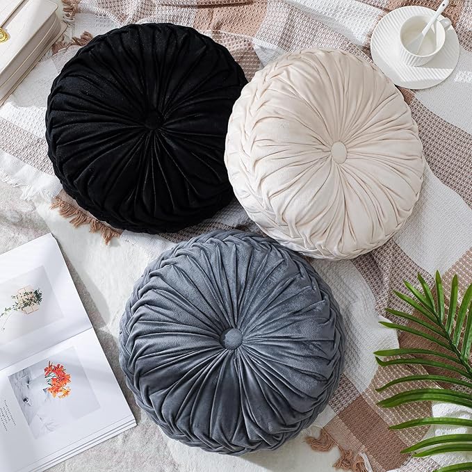 3 Pcs Round Throw Pillows Decorative Velvet Pleated Throw Pillows 15'' Diameter Accent Pumpkin Boho Chair Cushion for Couch Sofa Chair Bed Home Decoration (Black,White,Gray)