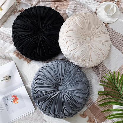 3 Pcs Round Throw Pillows Decorative Velvet Pleated Throw Pillows 15'' Diameter Accent Pumpkin Boho Chair Cushion for Couch Sofa Chair Bed Home Decoration (Black,White,Gray)