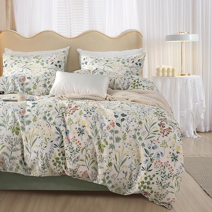mixinni Fresh Soft Aesthetic Green Floral Comforter Set Full Size, Boho Cottagecore Wildflowers Leaves Bedding Set, 1 Shabby Chic Comforter and 2 Pillowcases for All Seasons-Full Size