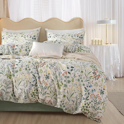 mixinni Fresh Soft Aesthetic Green Floral Comforter Set Full Size, Boho Cottagecore Wildflowers Leaves Bedding Set, 1 Shabby Chic Comforter and 2 Pillowcases for All Seasons-Full Size