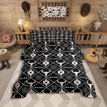 Erosebridal Bull Skull Comforter Set for Boys, Ethnic Western Horns Bedding Set King Size Tribal Aztec Boho Southwestern Duvet Insert Farmhouse Animal Vintage Quilt, 2 Pillow Cases, Black Brown