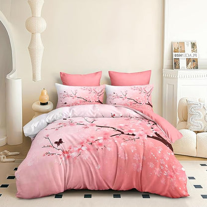 Pink Floral Comforter Set Full Size Cherry Blossom Bedding Set for Girls Boys Japanese Flower Decor Quilt Set - 3Pcs Soft Fluffy Microfiber with 2 Pillowcases(79 * 90)