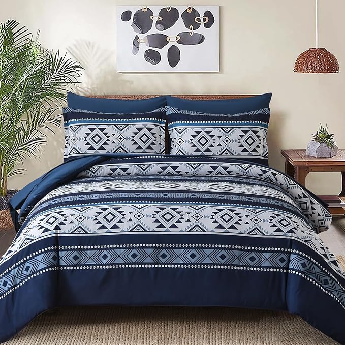 Anibedding King Size Comforter Set Navy Blue,7 Pieces Boho Bed in a Bag Aztec Western Bedding Set, Soft Microfiber Bed Comforter Set for All Season