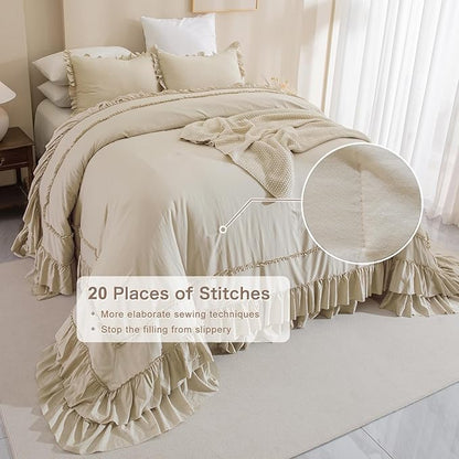 Masaca 120x120 Oversized Comforter King Size,Farmhouse Shabby Boho Chic Ruffle California King Bed Comforter Set French Country Rustic Bedding 3PCS (1 Ruffled Comforter+2 Pillow Shams)