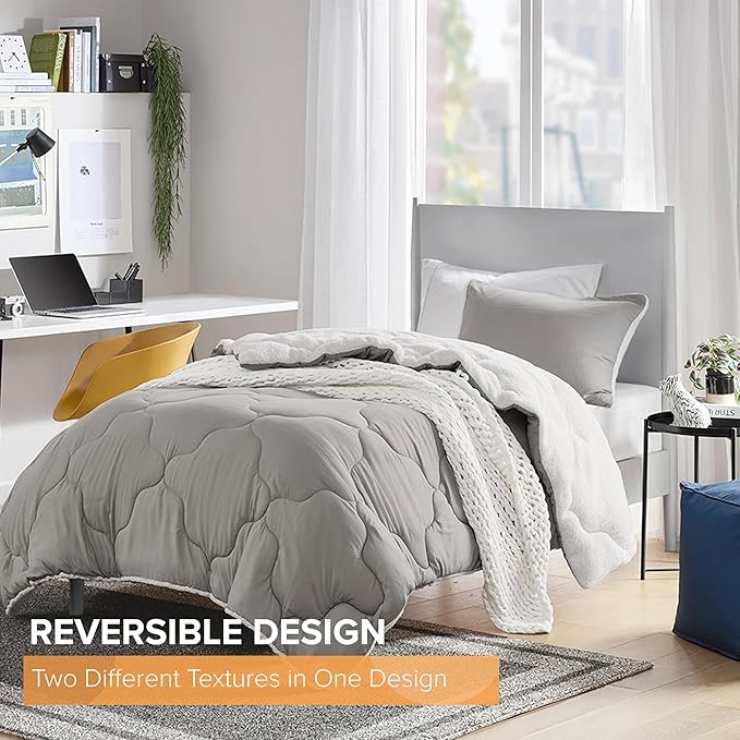 Comfort Spaces Comforter Set, Chic Reversible Quatrefoil Quilting, Sherpa Comforters Twin, All Seasons, Lightweight Microfiber Bedding Set Matching Sham, Vixie, Twin/Twin XL Grey/White 2 Piece