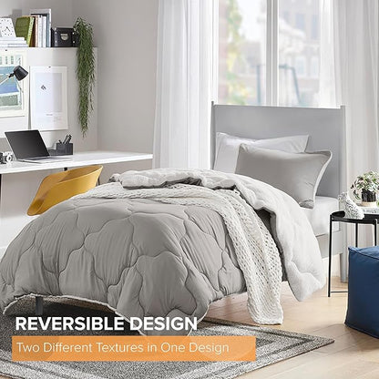 Comfort Spaces Comforter Set, Chic Reversible Quatrefoil Quilting, Sherpa Comforters Twin, All Seasons, Lightweight Microfiber Bedding Set Matching Sham, Vixie, Twin/Twin XL Grey/White 2 Piece