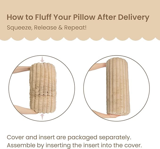 AELS Faux Fur Striped Cylinder Pillows Set of 2, 8" x 24" Decorative Modern Bolster Pillows with Removable Washable Cover & Insert, Body Pillow for Couch Bed, Living Room Bedroom Nursery Decor, Sand