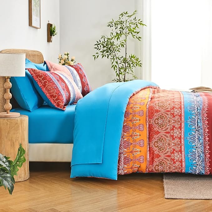 Boho Comforter Set Queen - 7 Pieces Bed in a Bag, Bohemian Striped Comforter Set with Sheets, Soft Microfiber Colorful Floral Bedding Set for All Season