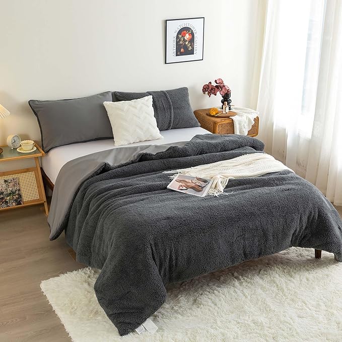 COTTEBED Warm Full Queen Comforter Set Reversible Sherpa Comforter and Pillow Shams, Soft Cozy Fluffy Washed Cotton Lightweight Bedding Down Comforter Queen Set Size for Bedroom Winter Christmas,Brown