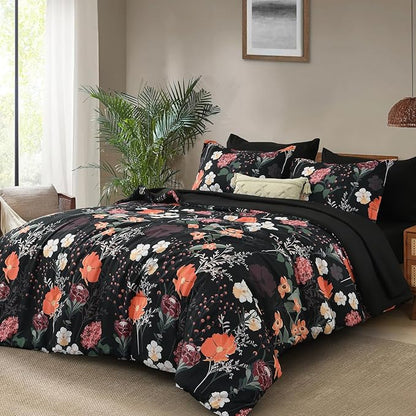 Yiran Black Red Floral Comforter Set King Size, 7 Piece Winter Comforter Bedding Set, Farmhouse Bed in a Bag, Soft Microfiber Complete Bedding Set with Sheets for All Season