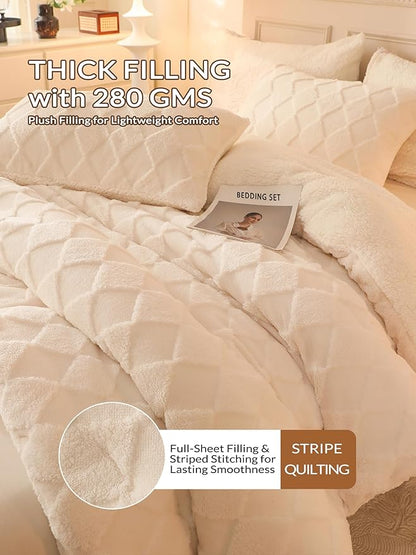 Tufted Fleece Comforter Set Queen - Super Soft Warm Fluffy Shaggy Bedding Sets, Diamond Plaid Jacquard Bed Set for Winter, 1 Sherpa Comforter with 2 Pillow Cases (90"X90" Ivory White)