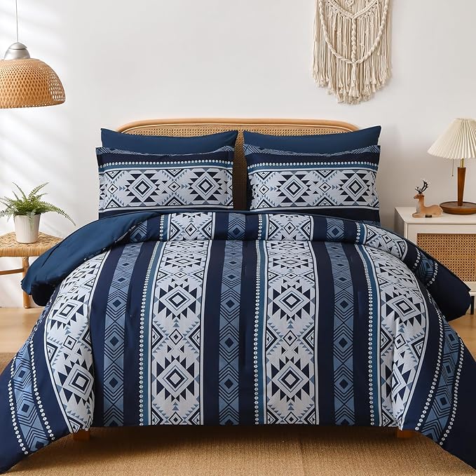 Anibedding Navy Blue Comforter Set Queen Size,7 Pieces Boho Bed in a Bag Aztec Western Bedding Set, Soft Microfiber Bed Comforter Set for All Season