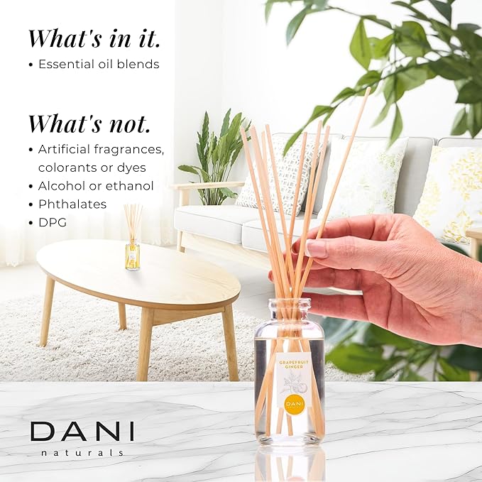 DANI Naturals Reed Diffuser Set - Fresh Grapefruit Ginger Scent - Aromatherapy Essential Oils - Alcohol-Free, Non-Toxic, Eco-Friendly - 10 Sticks - 3.5 oz