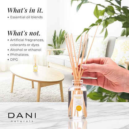 DANI Naturals Reed Diffuser Set - Fresh Grapefruit Ginger Scent - Aromatherapy Essential Oils - Alcohol-Free, Non-Toxic, Eco-Friendly - 10 Sticks - 3.5 oz