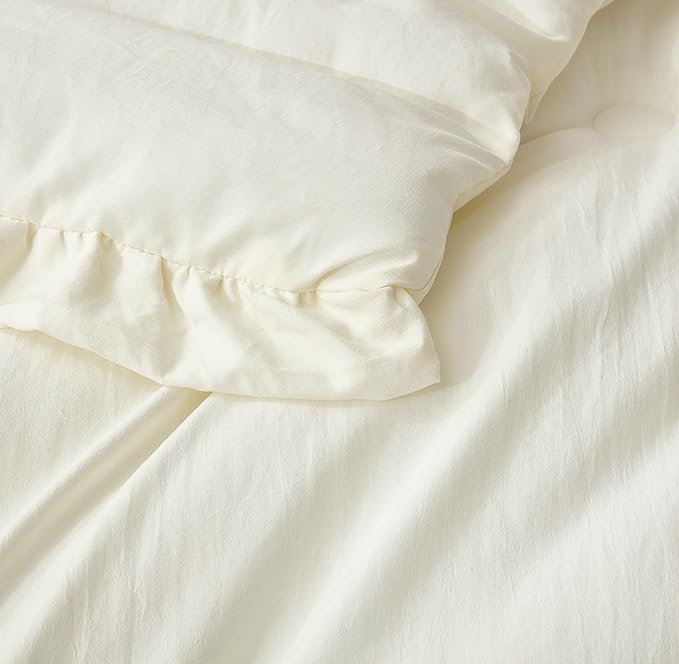 Chezmoi Collection Nora Ivory Comforter Set King Size 3-Piece Fluffy Soft Stone-Washed Ruffled Shabby Chic Bedding for All Season