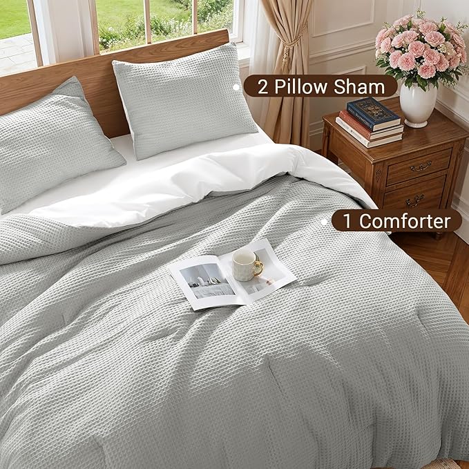 Shilucheng Waffle Cotton King Size Comforter Set - 3 Piece Bedding Set with Comforter and 2 Pillow Shams, Soft & Breathable All-Season Waffle Weave Comforter, Machine Washable, Grey
