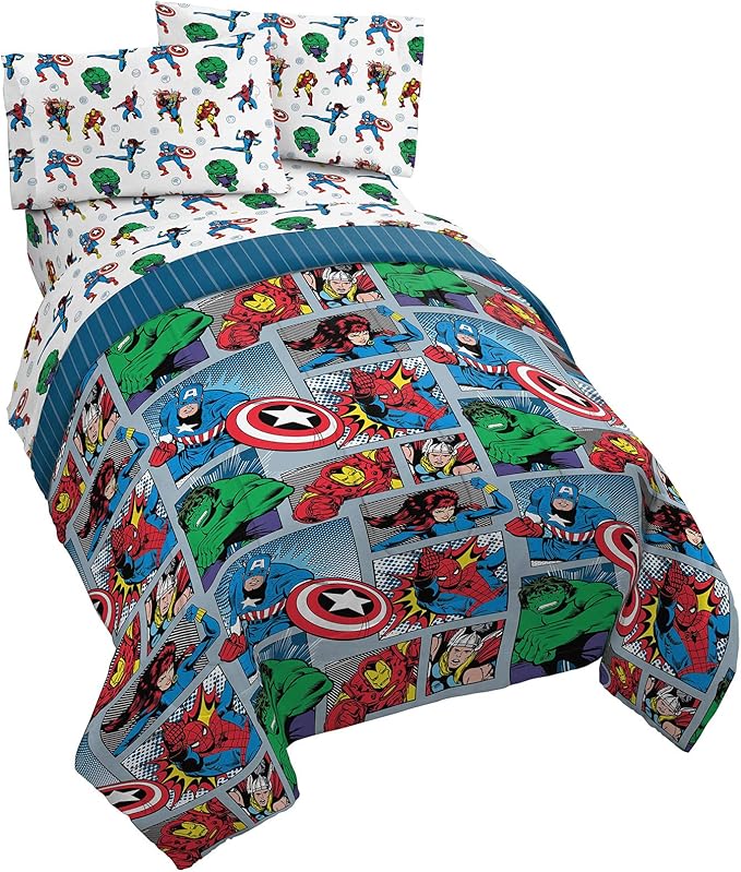 Jay Franco Marvel Avengers Fighting Team 4 Piece Twin Bed Set - Includes Reversible Comforter & Sheet Set Bedding - Super Soft Fade Resistant Microfiber (Official Marvel Product)