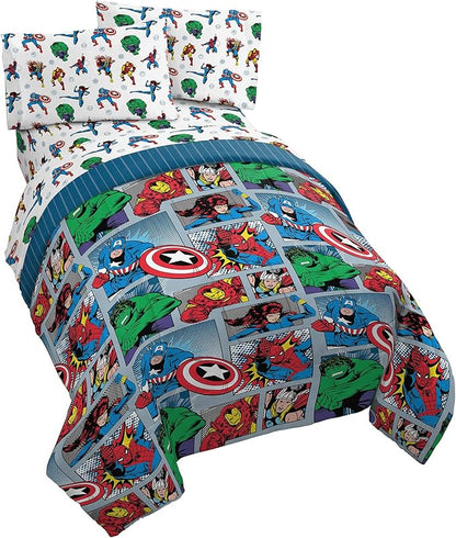 Jay Franco Marvel Avengers Fighting Team 5 Piece Full Bed Set - Includes Reversible Comforter & Sheet Set Bedding - Super Soft Fade Resistant Microfiber (Official Marvel Product)