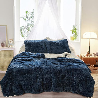 Joyreap 3-Piece Plush Shaggy Comforter Set, Full/Queen Size Luxury Faux Fur Sherpa Reversible Bedding Comforter Set, Ultra Cozy Warm Fluffy Bedding Set for Winter (Navy, 88x88 inches)