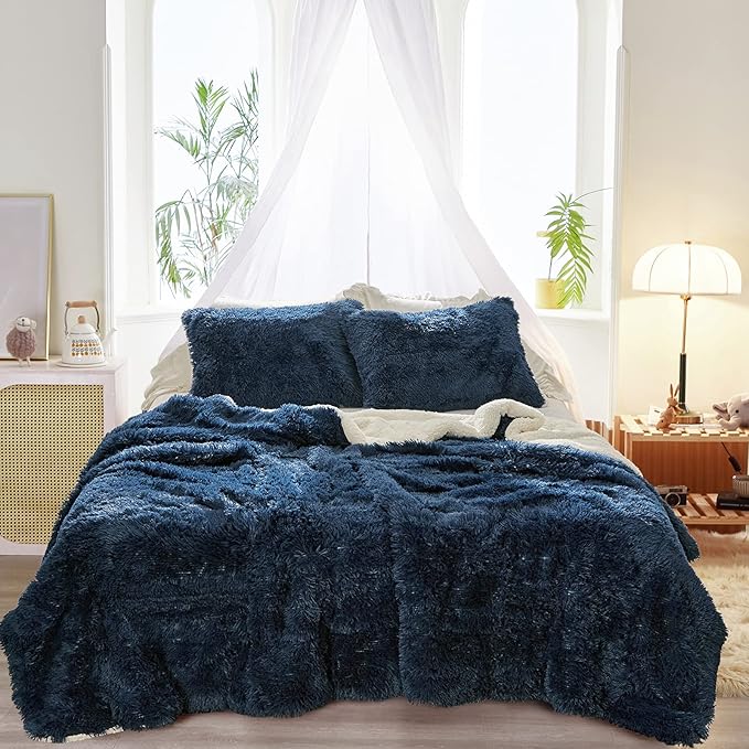 Joyreap 3-Piece Plush Shaggy Comforter Set, King Size Luxury Faux Fur Sherpa Reversible Bedding Comforter Set, Ultra Cozy Warm Fluffy Bedding Set for Winter (Navy, 100x88 inches)