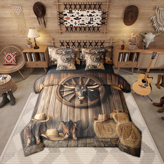 Erosebridal Bull Head 7 Piece Bedding Set King Western Comforter Set with Sheets Cowboy Hat Boots Car Wheels Haystack Bed in a Bag Board Star Print Farmhouse for Teens Men Women