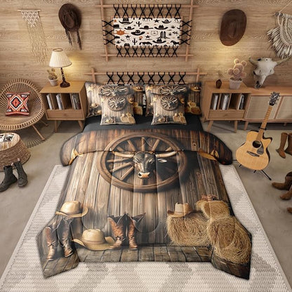 Erosebridal Bull Head 7 Piece Bedding Set Twin Western Comforter Set with Sheets Cowboy Hat Boots Car Wheels Haystack Bed in a Bag Board Star Print Farmhouse for Teens Men Women