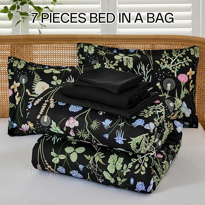 Yiran Black Green Floral Comforter Set Queen Size, 7 Piece Botanical Comforter Bedding Set, Farmhouse Bed in a Bag, Soft Microfiber Complete Bedding Set with Sheets for All Season
