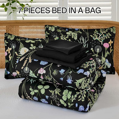 Yiran Black Green Floral Comforter Set Queen Size, 7 Piece Botanical Comforter Bedding Set, Farmhouse Bed in a Bag, Soft Microfiber Complete Bedding Set with Sheets for All Season
