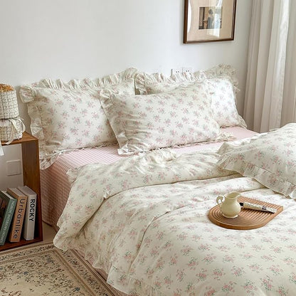 mixinni 3-Piece Pink Floral Ruffle Comforter Set Twin XL - Cottagecore Botanical Duvet Cover with Lace Trim & 2 Pillow Shams, Soft Cotton Boho Bedding for Teen Girls, Aesthetic Coquette Bed Set