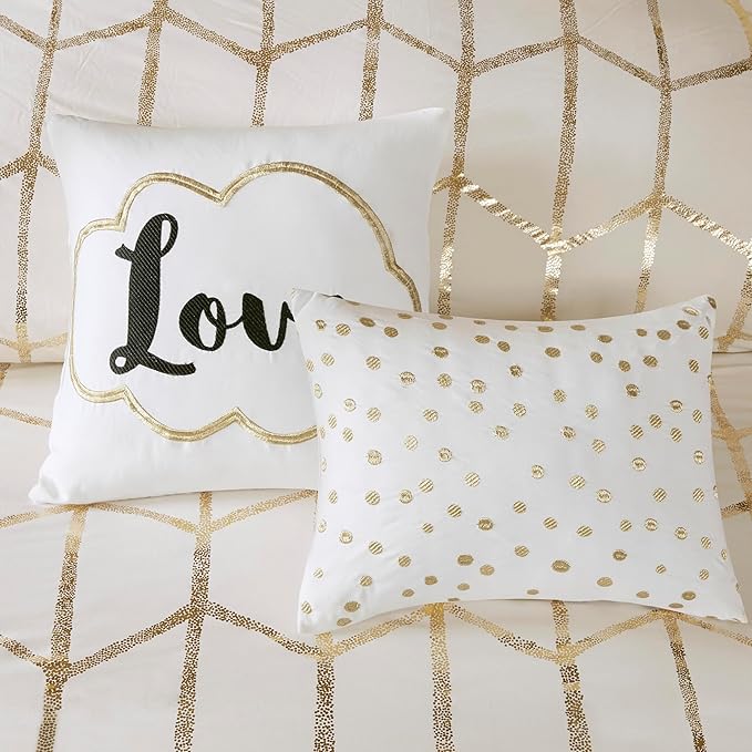 Intelligent Design Raina Twin / Twin XL Comforter Set, Soft Microfiber Comforter Set Twin, Modern Geometric Metallic Bed Set, 4 Pieces College Bedding Comforter Set with 1 Sham, 2 Toss Pillows Ivory