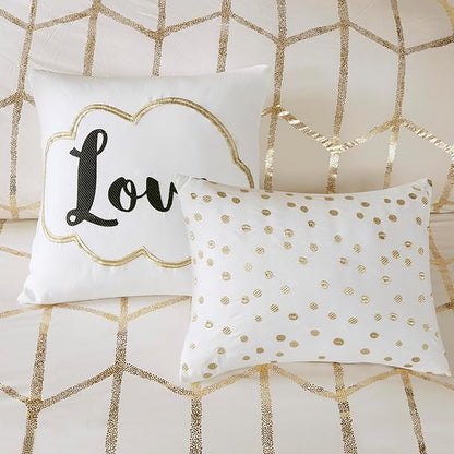 Intelligent Design Raina Twin / Twin XL Comforter Set, Soft Microfiber Comforter Set Twin, Modern Geometric Metallic Bed Set, 4 Pieces College Bedding Comforter Set with 1 Sham, 2 Toss Pillows Ivory