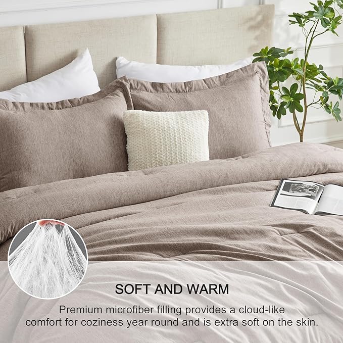 CozyLux Queen Comforter Set - 3 Pieces Khaki Soft Luxury Cationic Dyeing Queen Size Comforter for All Season, Breathable Lightweight Fluffy Bedding Sets with 1 Comforter and 2 Pillow Shams