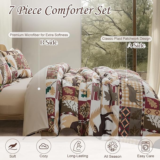 Comforter Set Queen Size Plaid Patchwork Comforter Bedding-7 Piece Bed in a Bag,Soft Reversible Bear Moose Microfiber Bedding Set(1 Comforter,1 Flat Sheet,1 Fitted Sheet,2 Pillowcases,2 Pillow Shams)