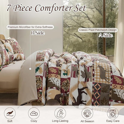 Comforter Set Queen Size Plaid Patchwork Comforter Bedding-7 Piece Bed in a Bag,Soft Reversible Bear Moose Microfiber Bedding Set(1 Comforter,1 Flat Sheet,1 Fitted Sheet,2 Pillowcases,2 Pillow Shams)