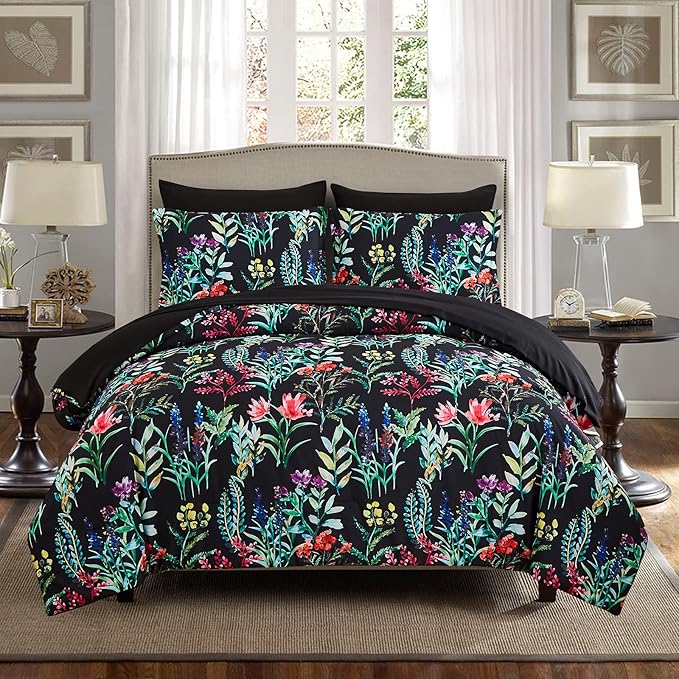 7 Piece Bed in a Bag Floral Comforter Set, Botanical Flowers Comforter and Sheet Set, Soft Microfiber Lightweight Bedding Comforter Set for All Season(Dark Floral, Queen)