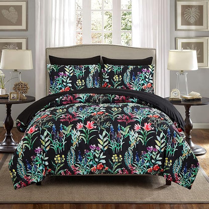 7 Piece Bed in a Bag Floral Comforter Set, Botanical Flowers Comforter and Sheet Set, Soft Microfiber Lightweight Bedding Comforter Set for All Season(Dark Floral, Queen)