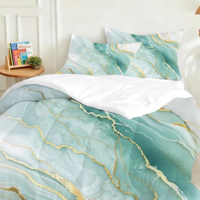 Mint Green Marble Comforter Set Twin Size, Watercolor Marbled Bedding Set for Girls Boys Kids Women, Green and Gold Bedroom Decor, Soft Turquoise Bed Set with 1 Comforter and 1 Pillowcase