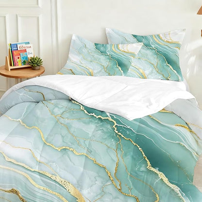 Mint Green Marble Comforter Set Twin Size, Watercolor Marbled Bedding Set for Girls Boys Kids Women, Green and Gold Bedroom Decor, Soft Turquoise Bed Set with 1 Comforter and 1 Pillowcase