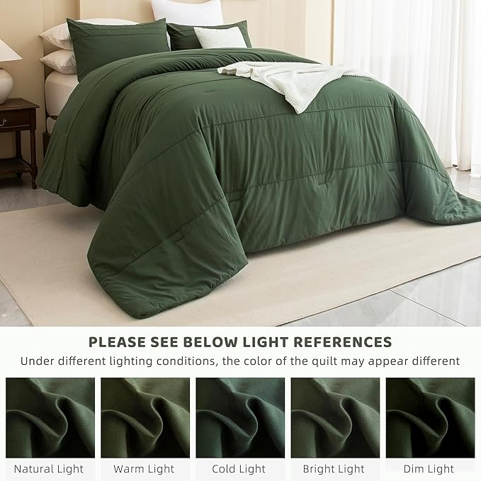 Sanracie Olive Green Oversized King Plus Comforter 128 * 120, Cotton Dark Green Pinch Pleat Bedding Comforers Set,3pc Aesthetic Comforter Super King Soft Lightweight Bed Set All Season