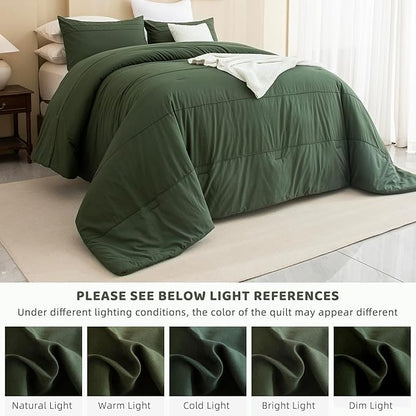 Sanracie Olive Green Oversized King Plus Comforter 128 * 120, Cotton Dark Green Pinch Pleat Bedding Comforers Set,3pc Aesthetic Comforter Super King Soft Lightweight Bed Set All Season