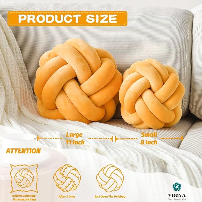 Knot Pillow Ball, Soft Decorative Throw Cushion, 11 Inch Round Plush Knotted Pillow Dark Yellow, Modern Home Decor Cushion for Bedroom, Sofa, Couch