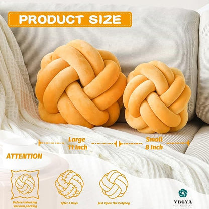Knot Pillow Ball, Soft Decorative Throw Cushion, 11 Inch Round Plush Knotted Pillow Dark Yellow, Modern Home Decor Cushion for Bedroom, Sofa, Couch