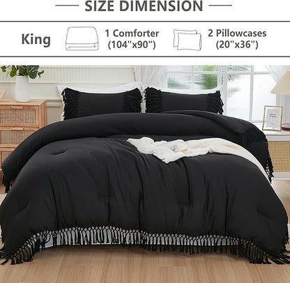 Andency Black Comforter Set King, 3 Pieces Boho Tassel Lightweight Soft Bedding Comforter Sets for King Bed, All Season Fluffy Fringe Bed Set (104x90In Comforter & 2 Pillowcases)