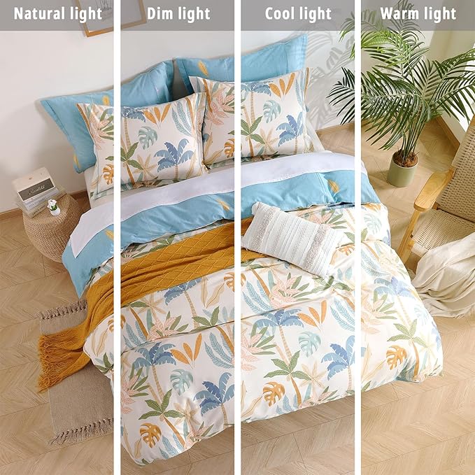 Tropical Coastal Blue Cotton Comforter Queen Size 3Pcs - Bright Orange, Olive Green & Beige Palm and Leaf Patterns, Botanical Lightweight Reversible Bedding Sets with Soft Fill(90"×90")