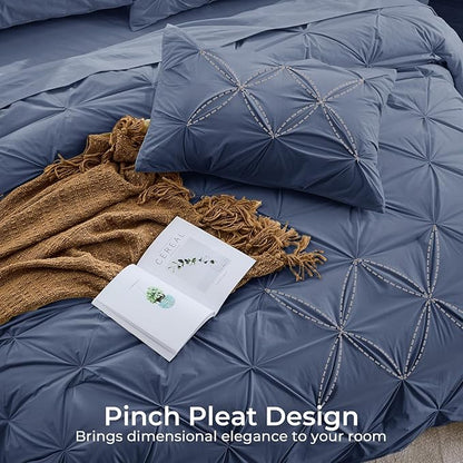Sasttie King Size Comforter Set, 7-Piece Bed in a Bag, Pintuck Bedding Set for All Season, Includes Comforter, Flat Sheet, Fitted Sheet, Pillowcases and Pillowshams, Indigo Blue